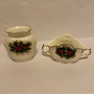 Set of Two White Ceramic Christmas Vase Set with Holly Design- In Original Boxes